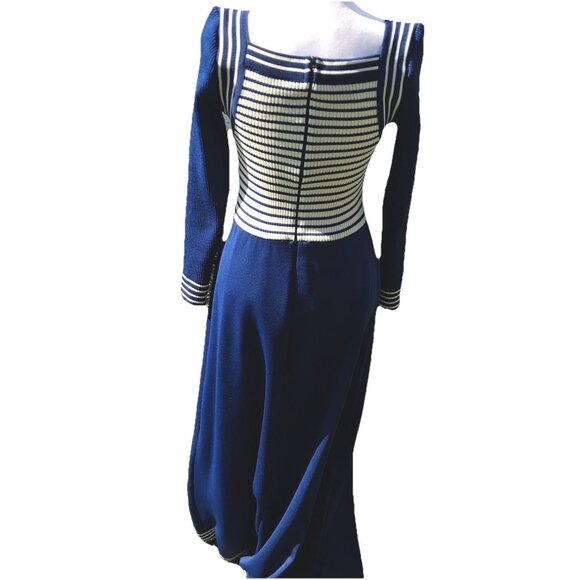 Vtg 60s 70s Giamo Knits Mod Navy Blue Striped Knit Maxi Sailor Sweater Dress USA - Picture 5 of 16